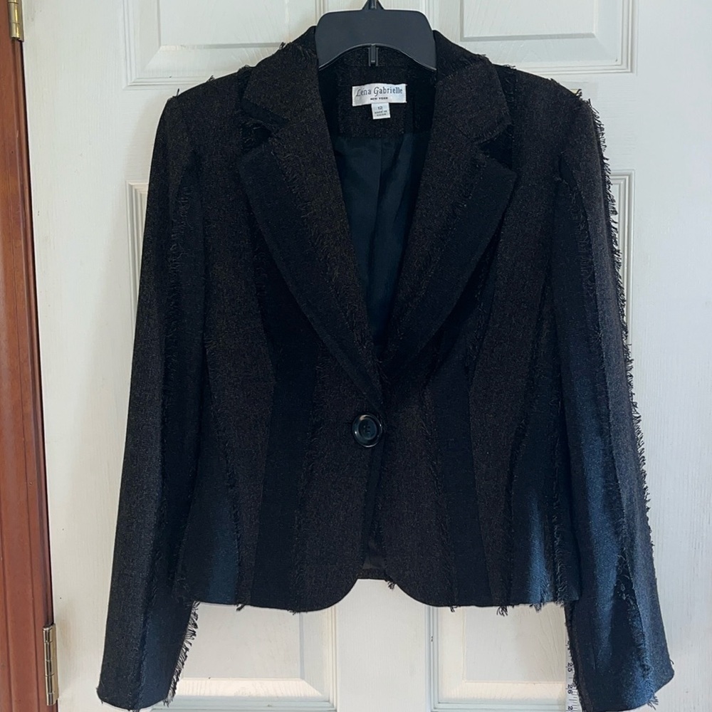 Lena Gabrielle New York-12-Brown& Black- tweed, fringe accents, blazer/jacket.